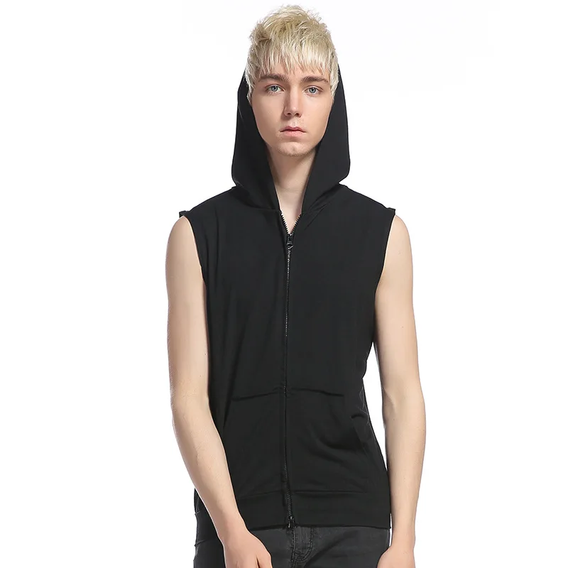 Жилетка мужская с капюшоном уличная рубашка без рукавов на молнии коротким