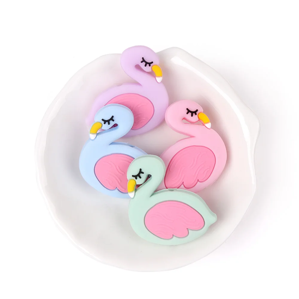 Cuentas de silicona de flamenco para beb&eacute;, mordedor de dibujos animados de grado alimenticio, juguetes de dentici&oacute;n sin BPA, collar de chupete artesanal, 3 piezas, Env&iacute;o Gratis-2