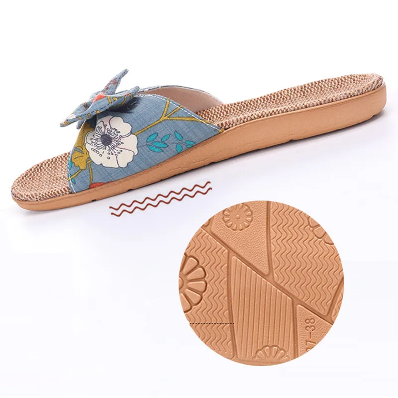FAYUEKEY/2020 летние домашние льняные дышащие тапочки с принтом и бантом Женские