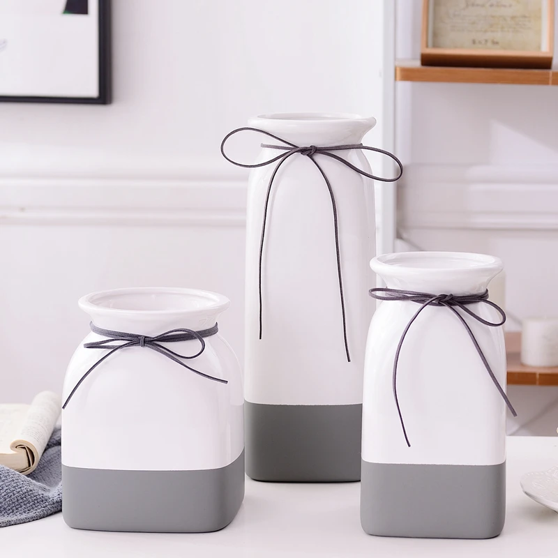 1 шт. керамическая ваза белая и серая фарфоровая для цветов с бантом домашний
