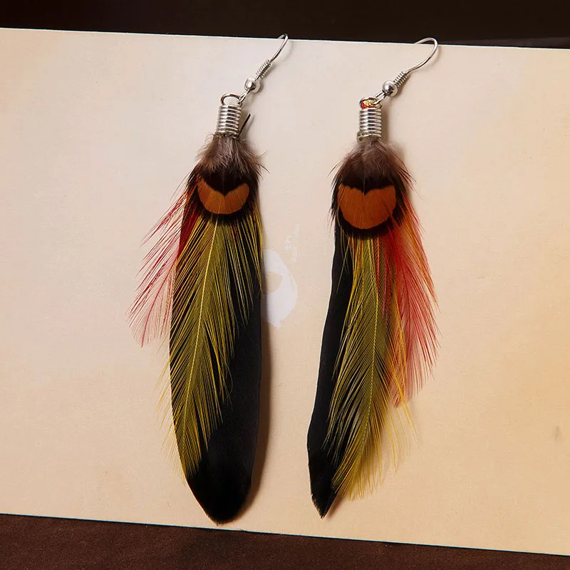 Винтажные богемные серьги с перьями разноцветные висячие женские подарки