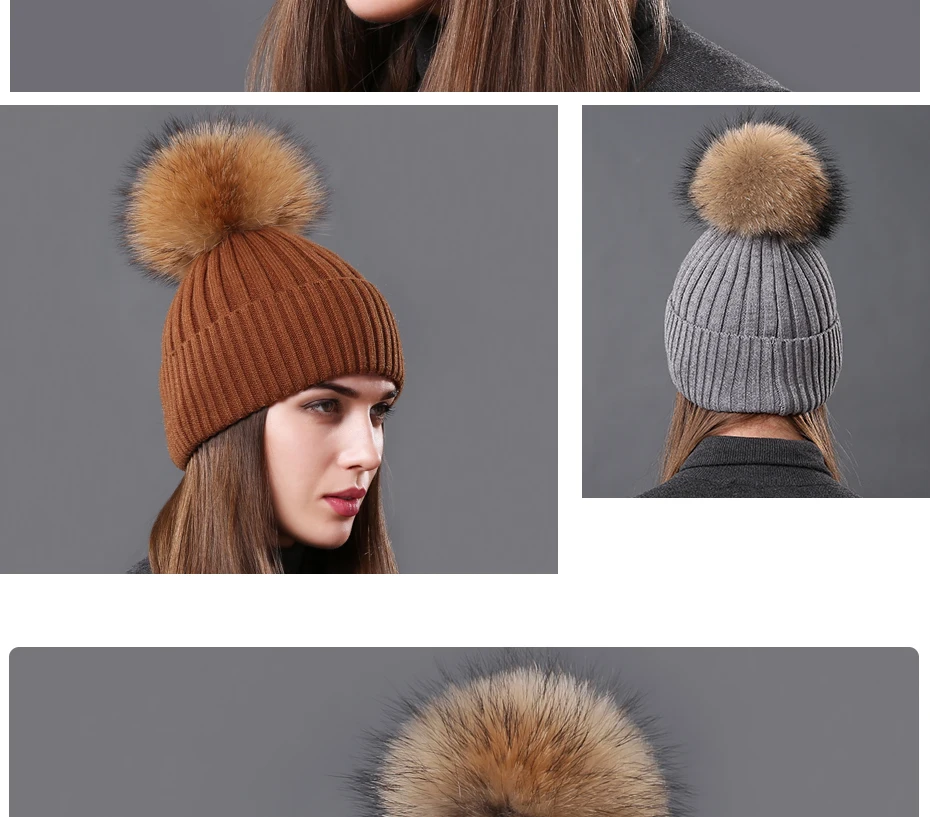 [Подошва толпа] натуральный мех енота pom шапки с помпонами для женщин Осень Зима Теплые трикотажные шапки вязаные шапки для девочек модная женская шапка