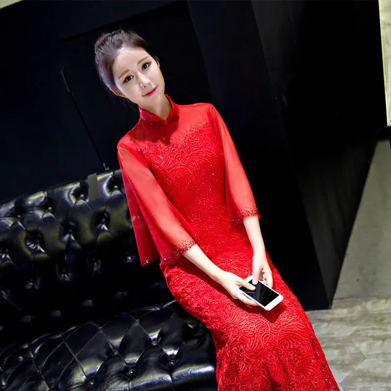 Длинное китайское свадебное платье для женщин модное вечернее Qipao в традиционном