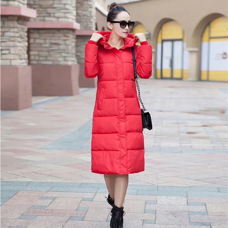 Зимняя Длинная женская куртка с капюшоном однотонные Цветные парки теплая