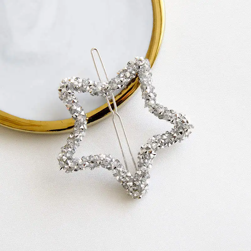 Star Silver 1Pcs Fashion Crystal Rhinestones Hair Clip Hairpin Star Triangle Round Shape Women Hair Clips Barrettes Hair Styling Accessories - Цвет: Star Silver