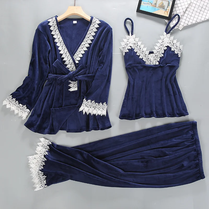 Золотые бархатные дамские пижамы 3 комплекта дамских халатов брюки Ночная одежда