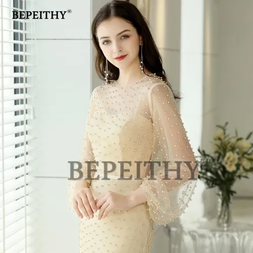 Шампанское Иллюзия Русалка Длинные Выпускные платья vestido de festa винтажный лиф жемчуг вечерние платья роскошные сексуальные вечерние платья - Цвет: Шампанское