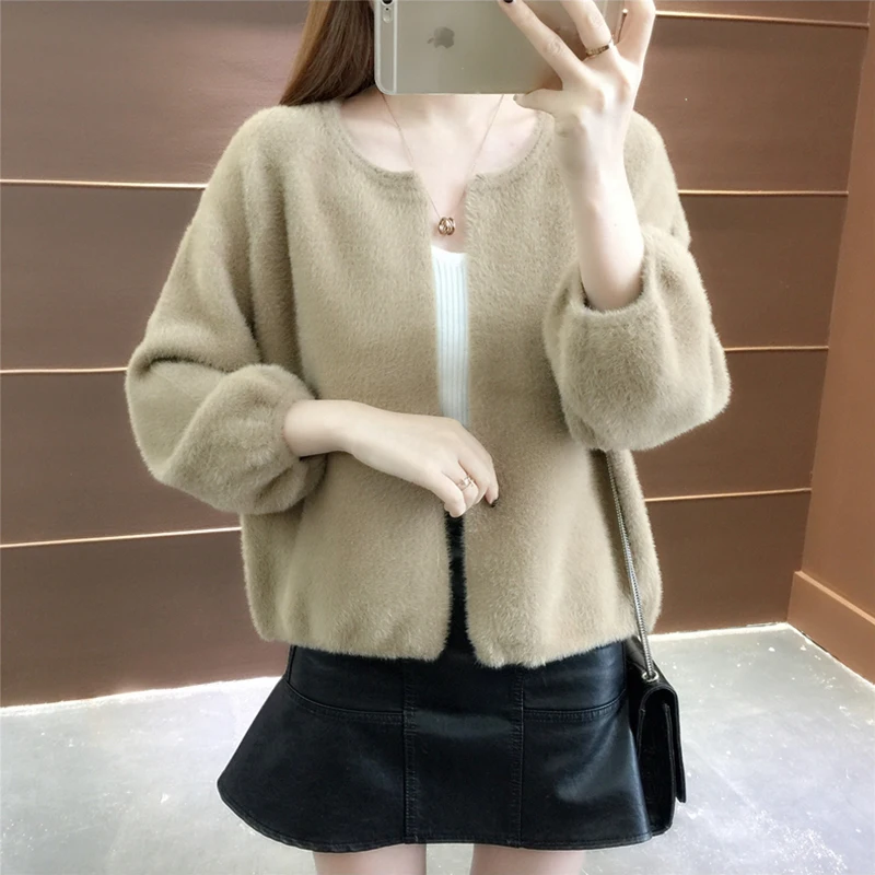 Женский Осенний короткий кардиган пальто из искусственного меха норки вязаные