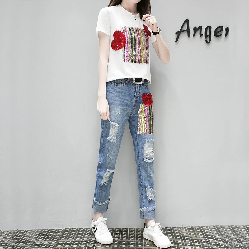 Белый черный летний комплект женская футболка с блестками джинсовые штаны