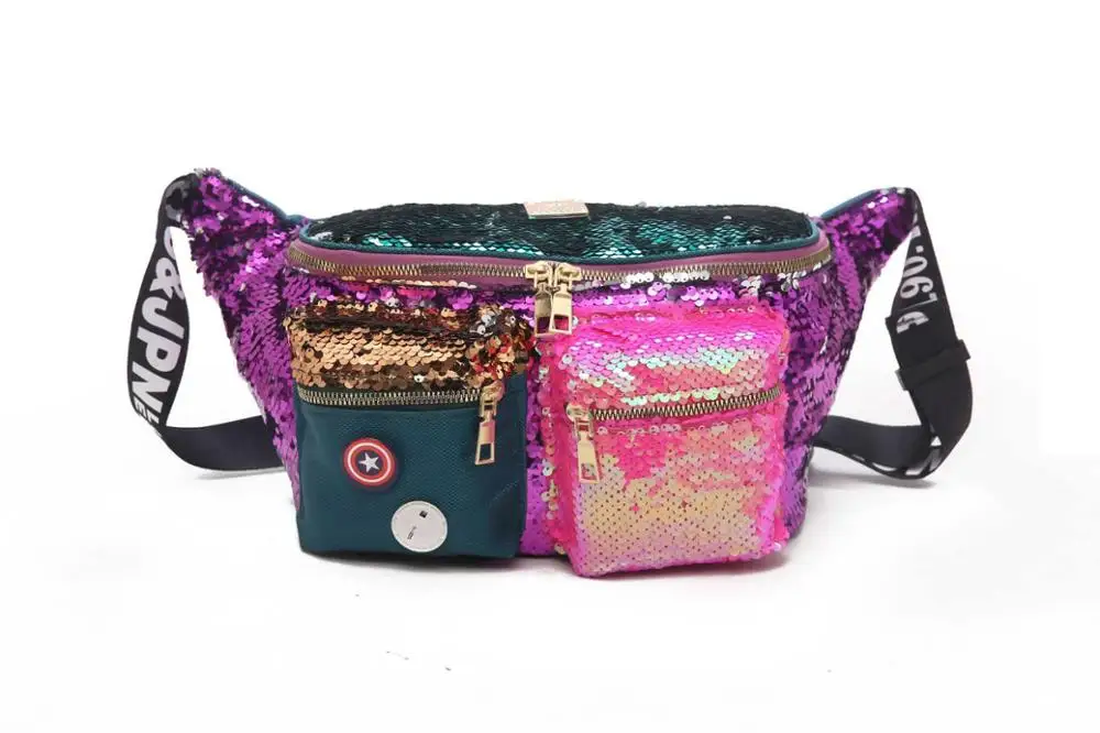 large 2 Waist pack Женская сумка-кисет, двухцветные блестки сумка на поясном ремне несколько карманы, набедренный мешок большой Ёмкость сумка формы «банан» женская сумка на пояс, сумка-мешок - Цвет: large 2 Waist pack