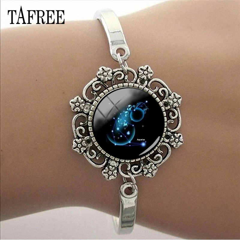 TAFREE, 12 зодиакальных зодиака, звездочки, кружевные браслеты, бижутерия со стеклянными кабошонами, серебряный металлический браслет, аксессуары для женщин, подарки ZX04 3