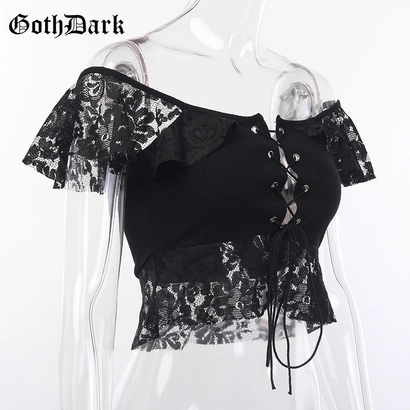 Женская кружевная блузка Goth Dark, черная сетчатая короткая футболка, готический топ с сексуальным вырезом и открытой спиной, на лето