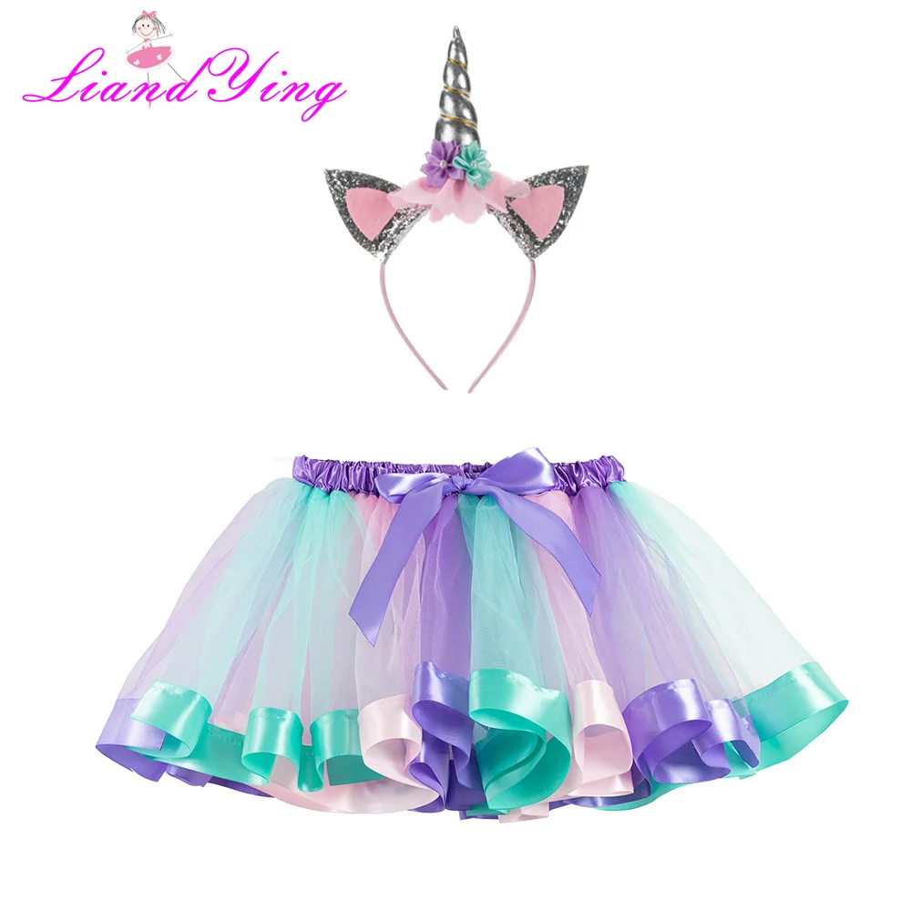 6305 with headband Unicorn Headband Princess Mermaid Tutu Skirt Baby Girls Clothes Rainbow Kids Party Tutu for Girls Skirts Children Ball Gown - Цвет: 6305 with headband