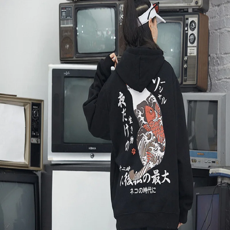 Мужская толстовка с капюшоном японский Ukiyo E Cat принт хип хоп толстовки уличная флисовый пуловер толстовка хлопок