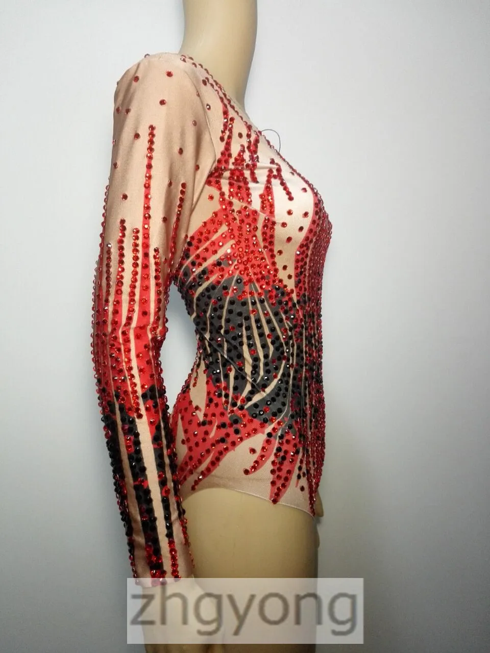 Full Diamond Female Leotard Bodysuit Red Black Crystals Long Sleeve Jumpsuit Nightclub Women Leading Dancer DJ DS Stage Costume