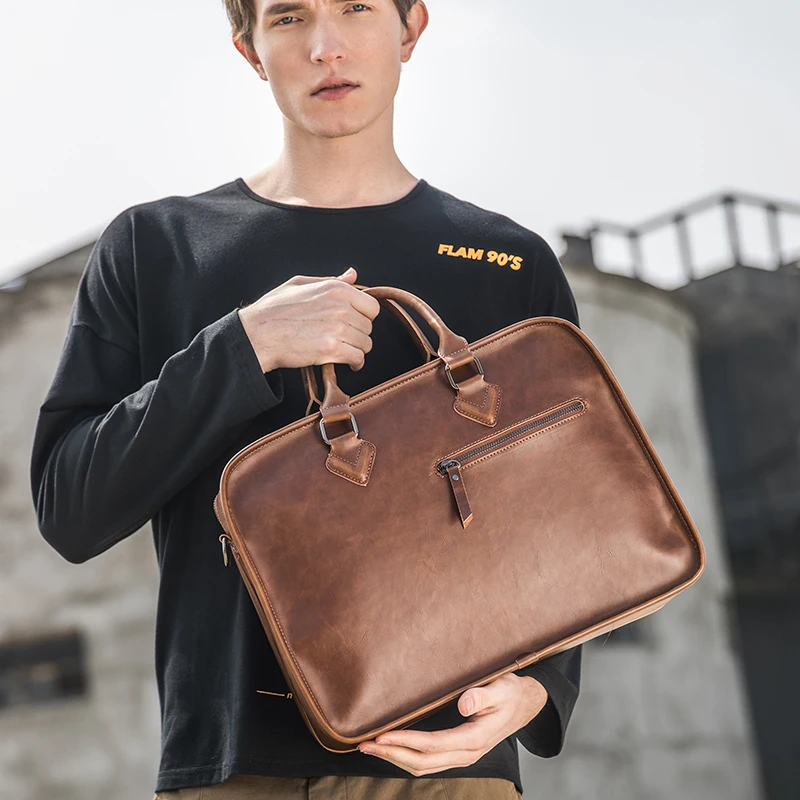 GUMST Crazy Horse PU Leather Men Briefcase Vintage 14 inch Big Business Laptop Handbag Fashion Brown Messenger Shoulder Bag Man