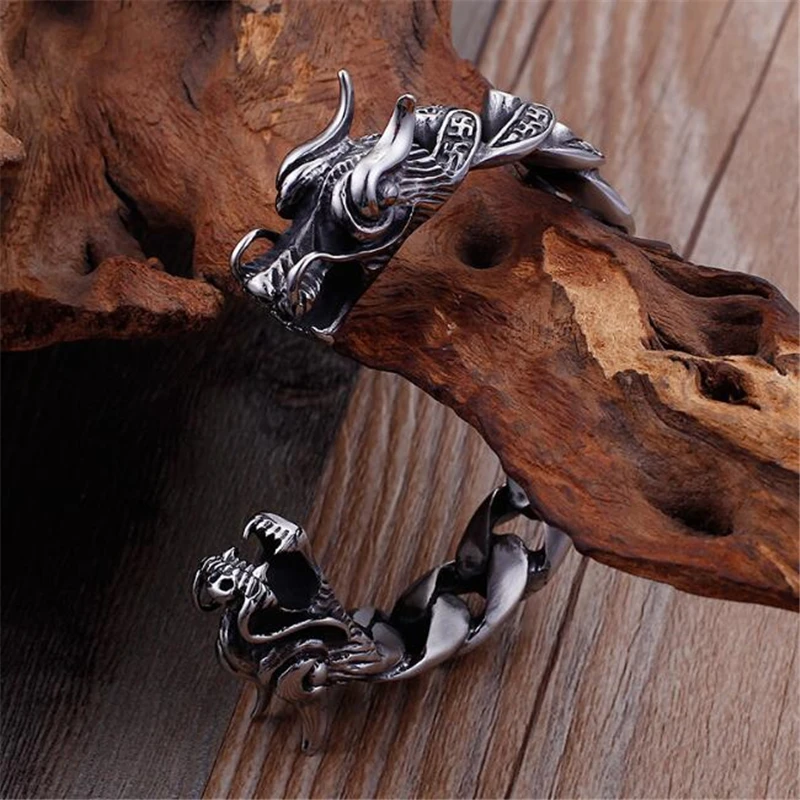Для мужчин браслет Массив из нержавеющей стали Байкер Голова Дракона манжета
