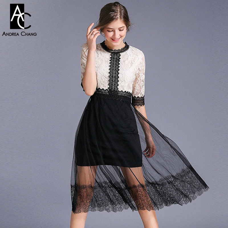 Женское платье в стиле пэчворк бежевое с кружевным верхом и черным газовым