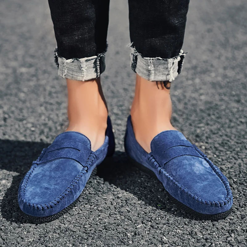 New Split Leather Loafers Sneakers Man Anti-Slip Drive Shoes for Men Slip on Flat Red Blue Yellow Men's Boat Shoe Footwear | Обувь