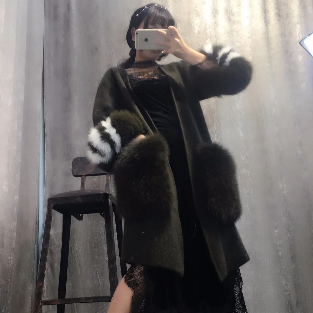 Новый вязаный женский норковый кашемировый свитер с большим карманом из лисьего