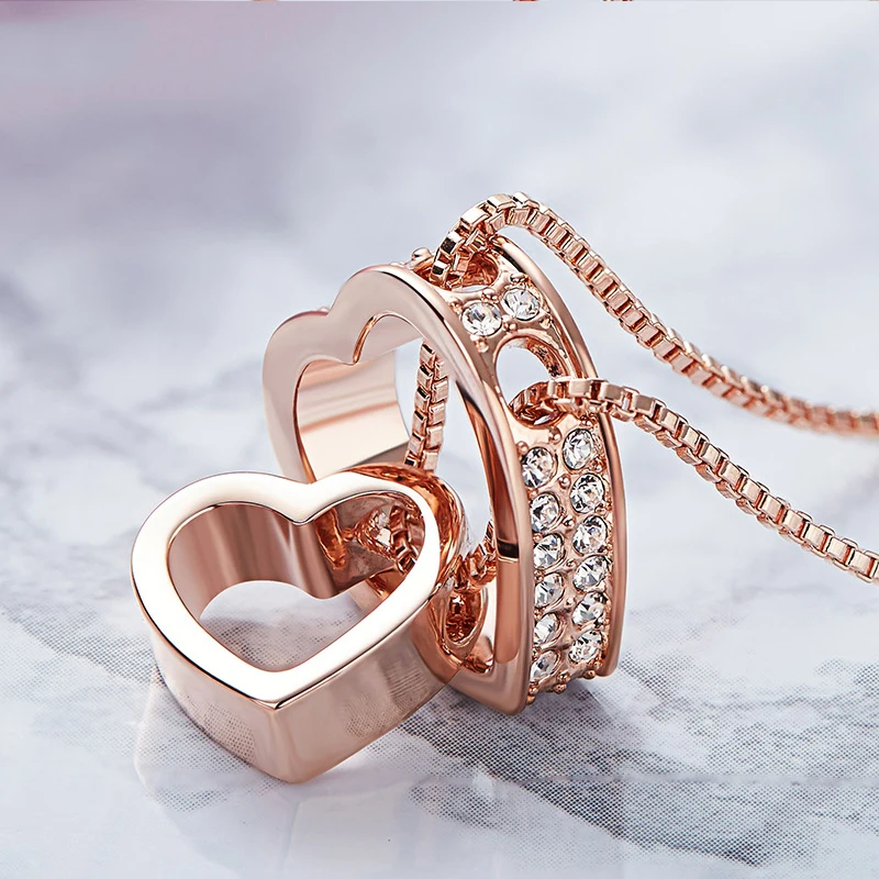 Double Love Heart Necklace in Chain Necklaces Sliver Rose Gold Color Alloy Crystal Pendant for Mother's Day Gift | Украшения и