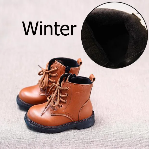 Winter Brown Г. Осенне-зимние ботинки унисекс из искусственной кожи для мальчиков и девочек Детские Ботинки martin на шнуровке, на молнии, коричневого и черного цвета размеры 21-30 - Цвет: Winter Brown
