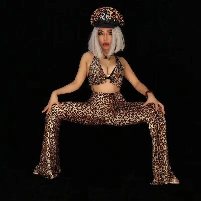 (Бюстгальтер + брюки шапка) Леопардовый принт кристаллы Женский комплект для
