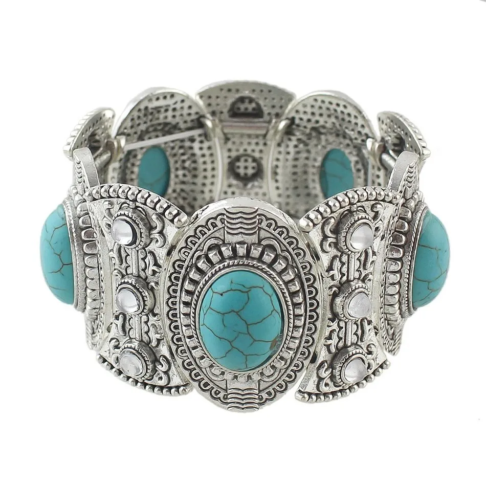 Boho Стиль Большой себе Браслеты серебряные украшения Цвет синий камень широкий