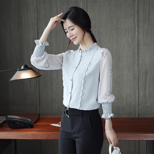 Spring Korean Version Chiffon Women Shirt 2019 New Style Autumn Stand Collar Embroidery Work Wear Female Fashion Slim Blouses |