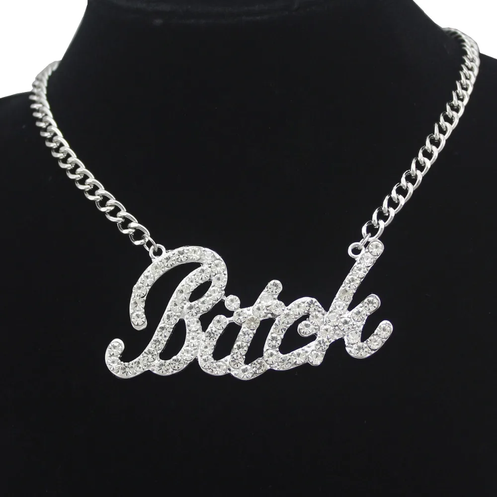 Знаменитости Bling сука слово Австрия полный кристалл проложить массивная цепь колье состояние мужчины t ожерелье для женщин мужчин ювелирные изделия Хип-хоп