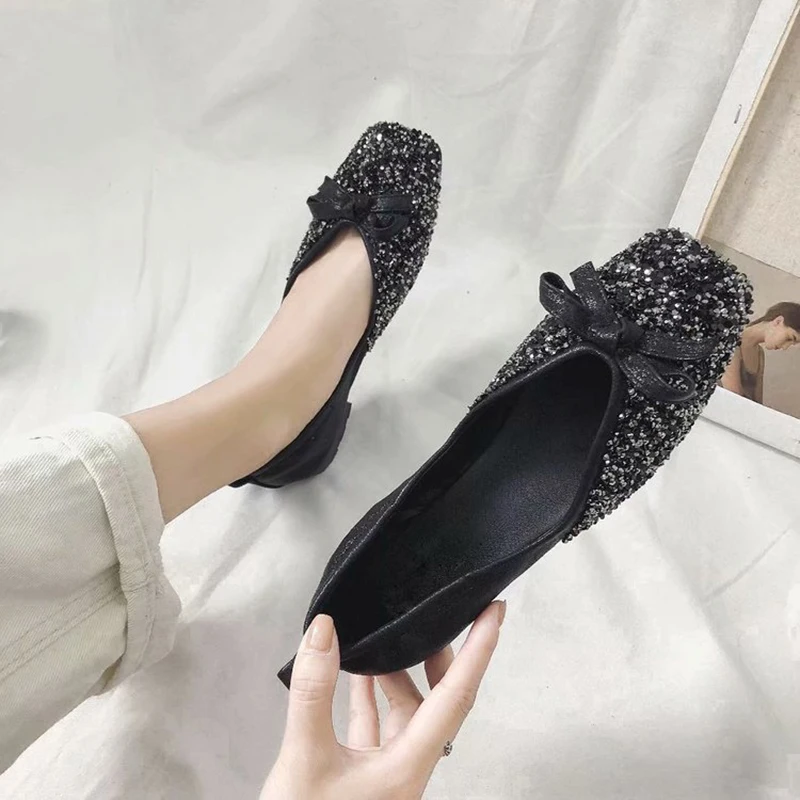 Bling горный хрусталь Лоферы без застежки кожи лук-узел Эспадрильи с квадратным