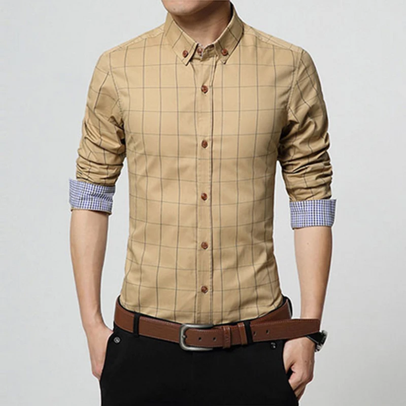 Осень мода бренд мужской одежды Slim Fit Мужская рубашка с длинными рукавами Мужчины