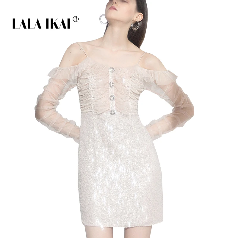 LALA IKAI/милые белые сетчатые мини Для женщин платья ретро длинный рукав платье