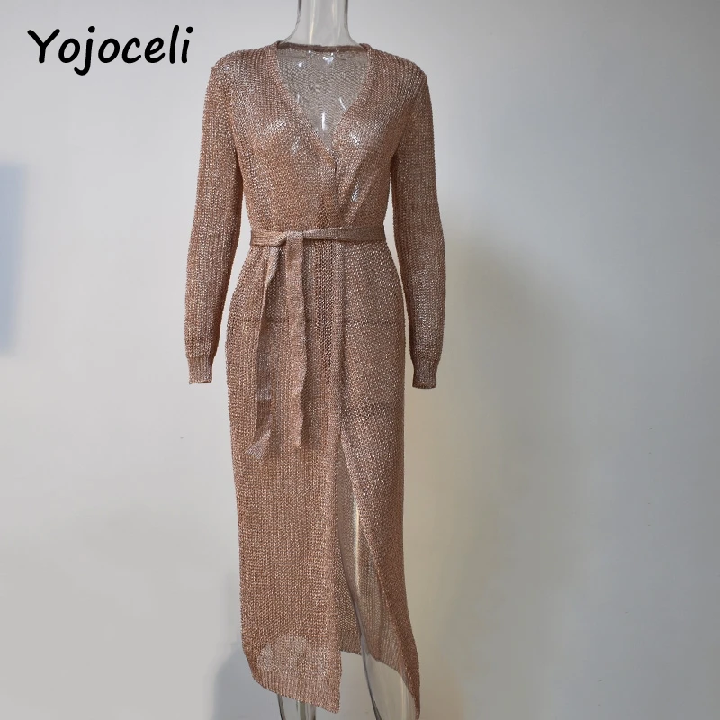 Yojoceli, сексуальное, розовое, золотое, блестящее, трикотажное платье-кардиган, для женщин, вечерние, Клубное, миди, с бантом, платье, глубокий v-образный вырез,, bodcion, трикотажное платье