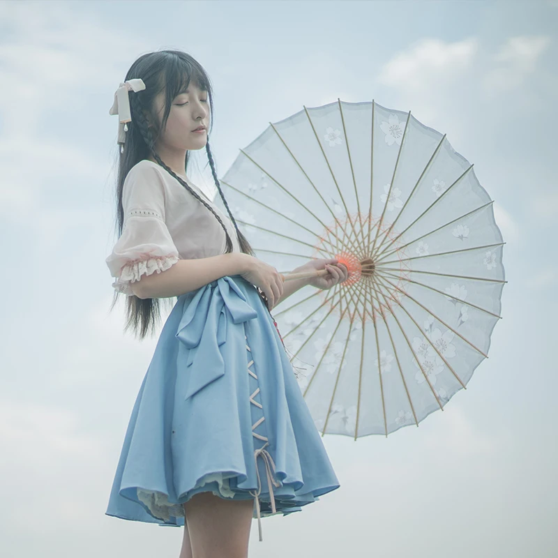 "Дождь" Китайский Стиль «Mori Girl», 2 предмета в комплекте Hanfu платье розового и голубого цвета с перекрестной шнуровкой шифоновое платье и майка на бретелях элегантный