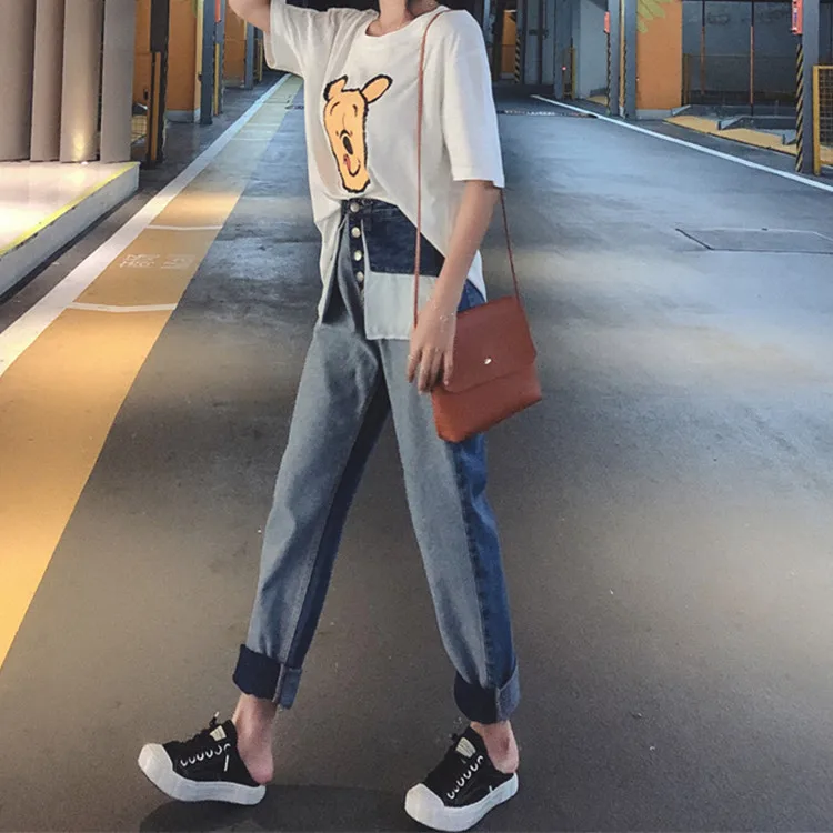 Высокая талия сшивание Джинсы женские 2019 весенние новые анти-носить