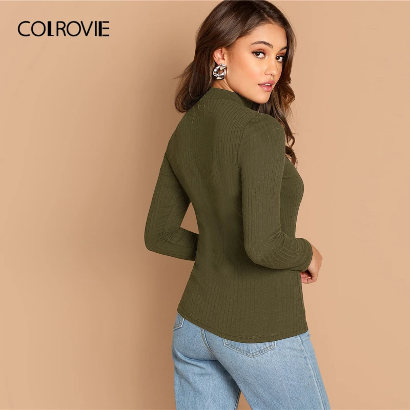 COLROVIE, армейский зеленый, круглый вырез, чокер, шея, ребра, вязанная футболка, женские футболки, весна, элегантные, с длинным рукавом, сексуальные женские топы