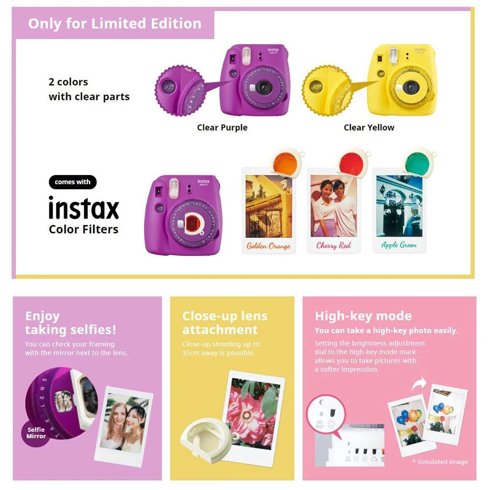 Fujifilm Instax Mini 9 камера новая прозрачная желтая фиолетовая Fuji мгновенная обновленная мини 9 мини 8 фотокамера+ цветной фильтр