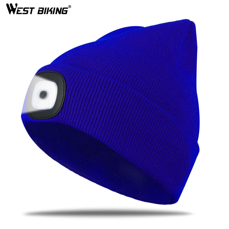 WEST BIKING светодиодный головной убор для велосипеда с подсветкой, теплая вязаная шапка унисекс, светящаяся фара для занятий спортом на открытом воздухе, ночной рыбалки, бега, велоспорта