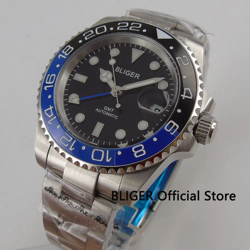 Bliger 40 мм GMT функция сапфировое стекло керамический ободок черный циферблат
