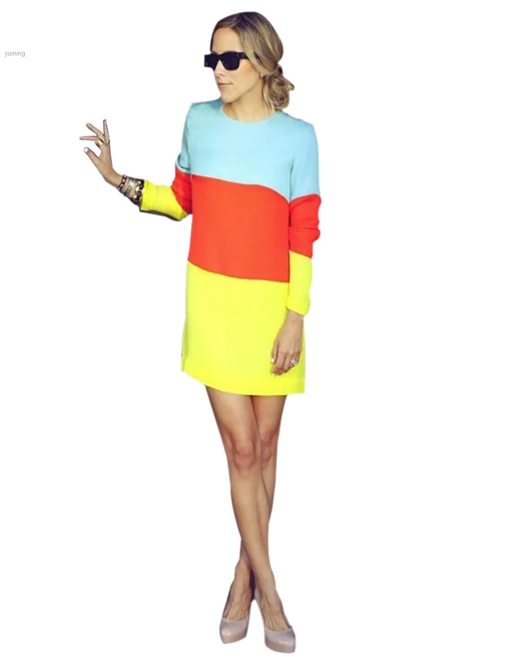 Женщины полосатый контрастных цветов свободного покроя шифоновое платье с