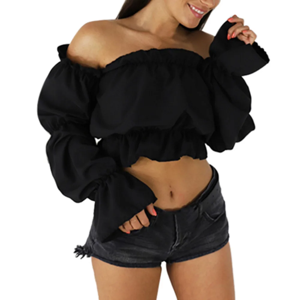 Женский однотонный короткий топ с длинным рукавом фонариком и открытыми плечами