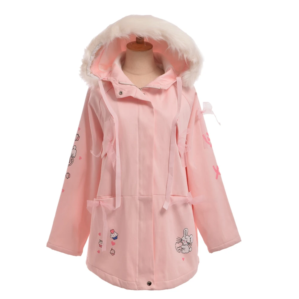 Light Pink Девушки милые зимние розовые пальто мультфильм зайчик печати с капюшоном куртка - Цвет: Light Pink