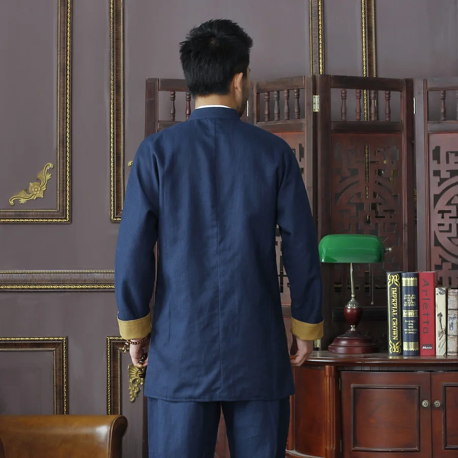 Синяя и Золотая Китайская традиционная Мужская двухсторонняя хлопковая льняная