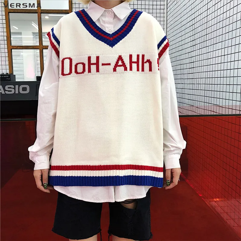 VERSMA корейский Harajuku Instagram BF письмо мужские трикотажные жилеты V образным вырезом негабаритных без рукавов свитер мужской жилет пуловер