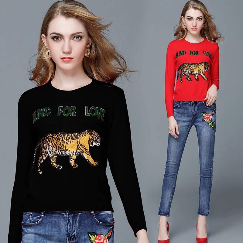 LUKAXSIKAX High Quality Letter Sequined Tiger Embroidery Runway Sweater 2018 New Autumn Winter Women Knitted Pullover | Женская одежда