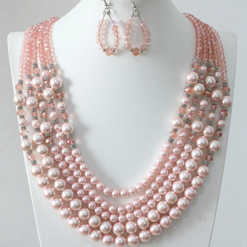 Высокое качество розовый Круглый Shell Имитация Жемчуга 5 рядов ожерелье хрусталя