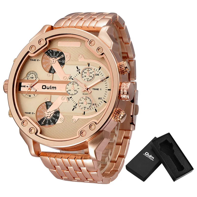 Golden(with box) Oulm часы с циферблатом большого размера роскошные военные кварцевые часы маленькие циферблаты украшения из нержавеющей стали мужские наручные часы Relogio Masculino - Цвет: Golden(with box)