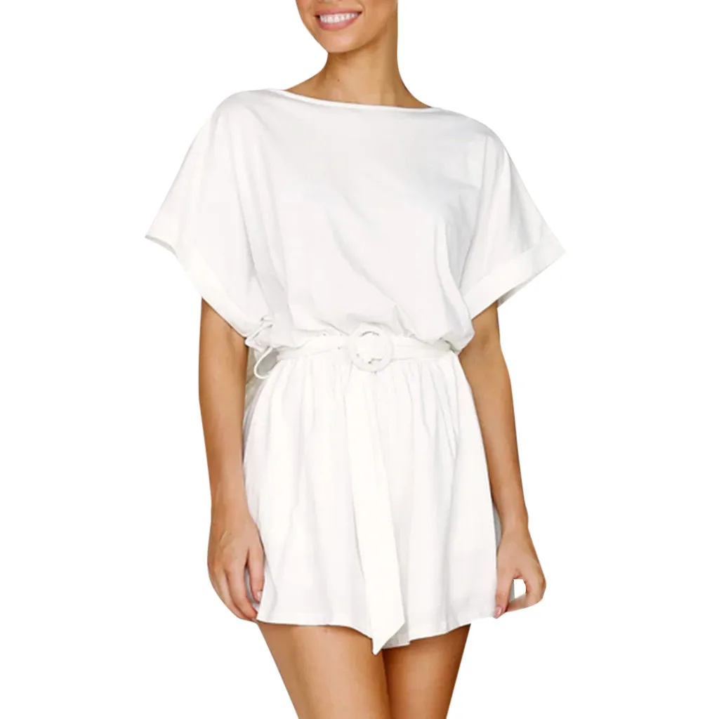 Женский цельный комбинезон свободный однотонный повседневный с круглым вырезом