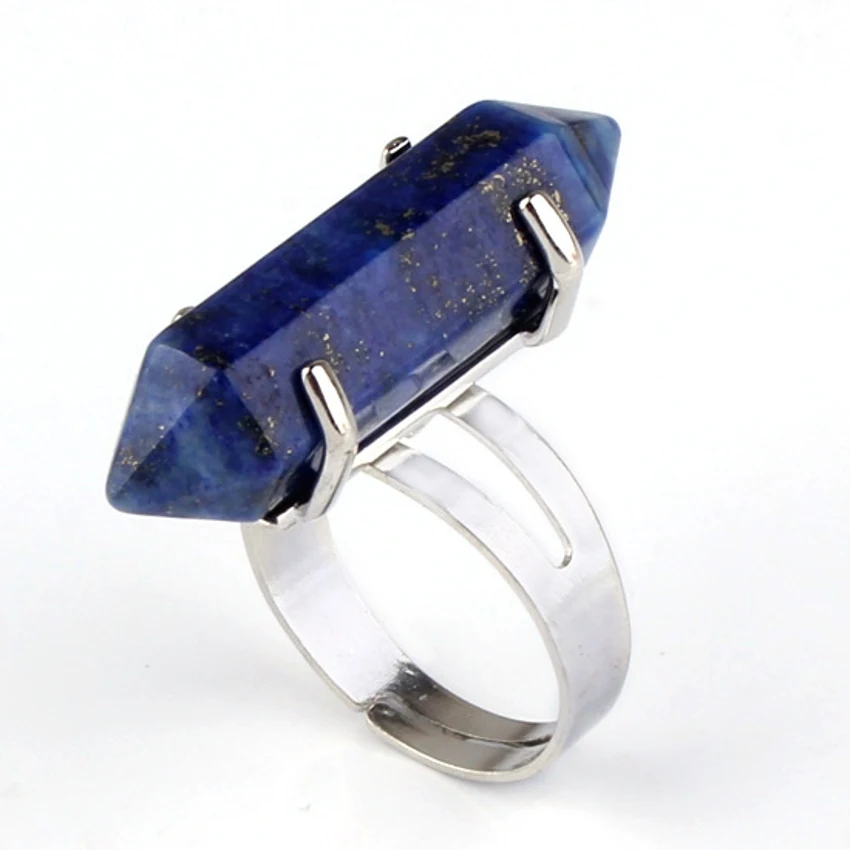 

100-Unique 1 Pcs Silver Plated Lapis Lazuli Hexagon Column Stone Adjustable Finger Ring Charm Jewelry